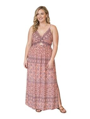 Eclipse Cutout Twist-Front Maxi Dress Peach & Blue Boho Floral Print XL
